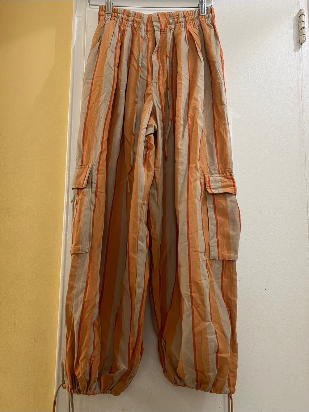 Free People Orange & Beige Striped Wide-Leg Cargo Pants